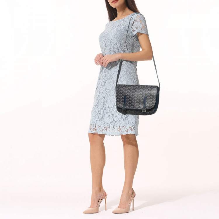 Pre Owned Goyard Blue Goyardine Coated Canvas and Leather Belvedere MM Saddle Bag