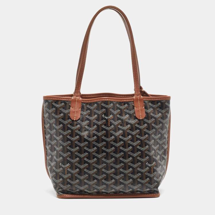 Pre Owned Goyard Black/Tan Goyardine Coated Canvas and Leather Mini Reversible Anjou Tote