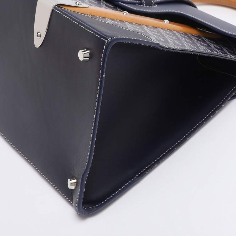 Pre Owned Goyard Navy Blue Goyardine Coated Canvas and Leather Saigon MM Top Handle Bag