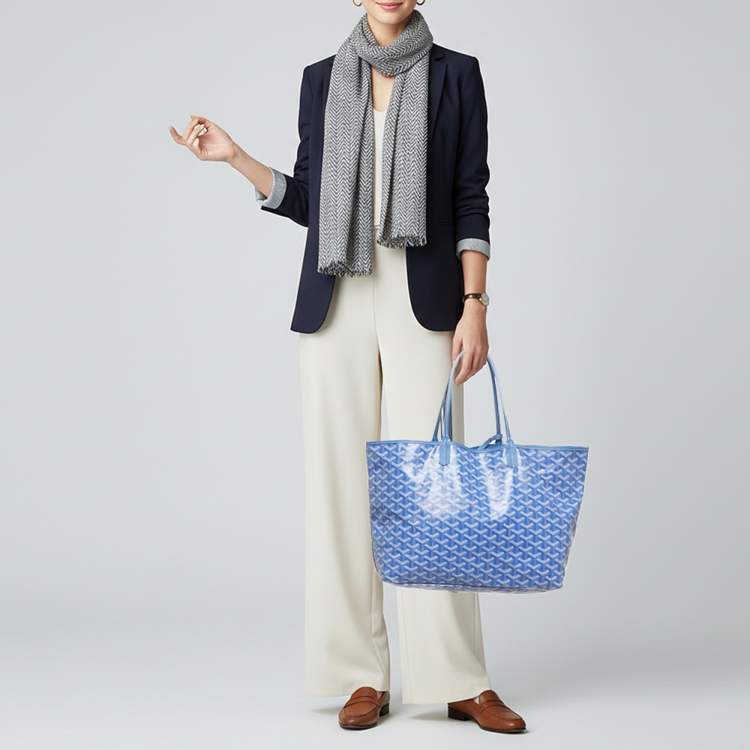 Pre Owned Goyard Saint Louis PM Blue Goyardine Coated Canvas and Leather Tote