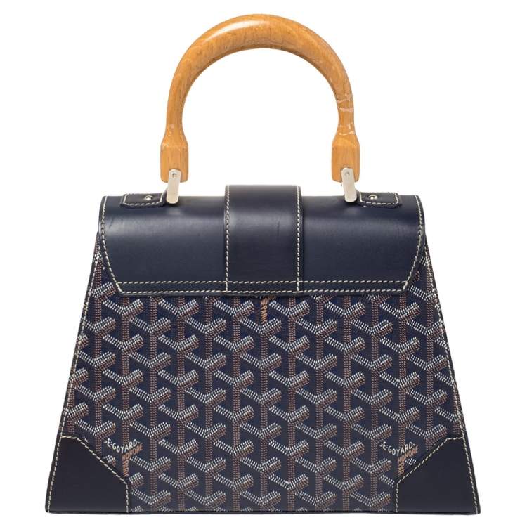 Pre Owned Goyard Navy Blue Goyardine Coated Canvas and Leather PM Saigon Top Handle Bag