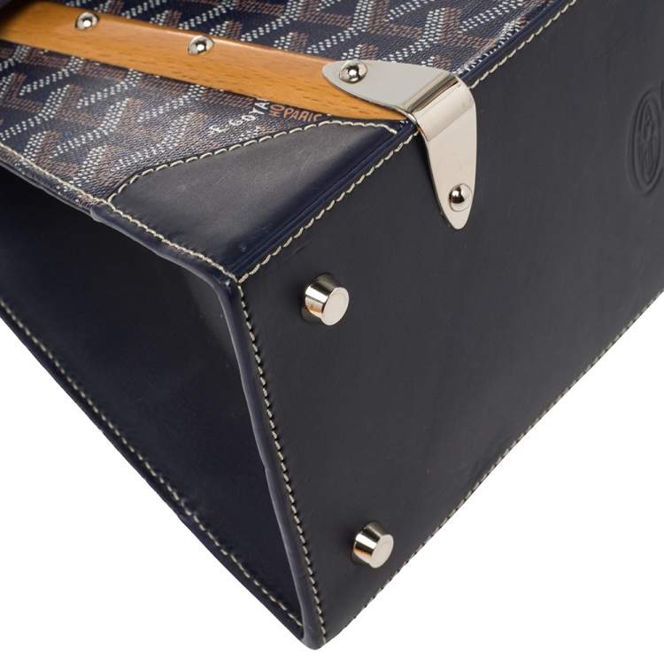 Pre Owned Goyard Navy Blue Goyardine Coated Canvas and Leather PM Saigon Top Handle Bag