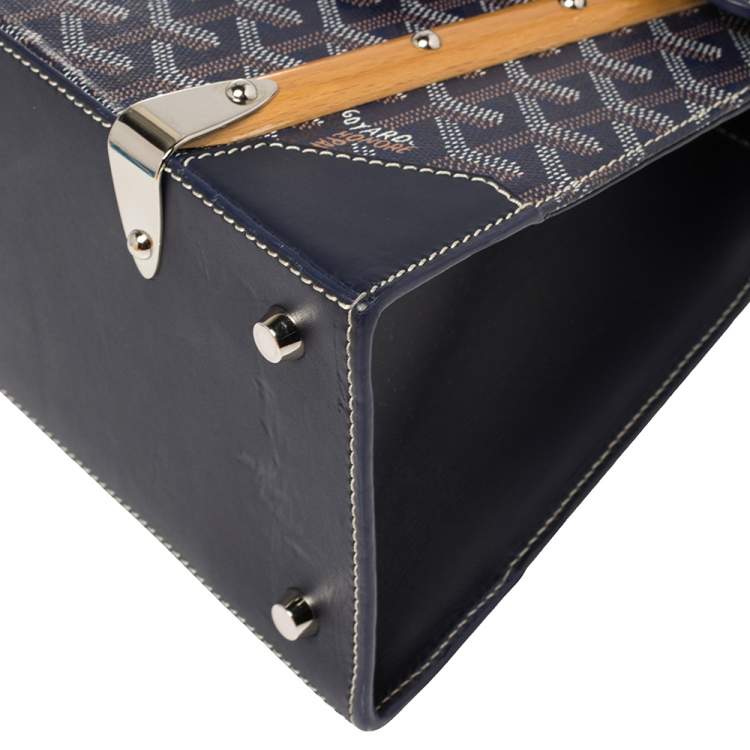 Pre Owned Goyard Navy Blue Goyardine Coated Canvas and Leather PM Saigon Top Handle Bag