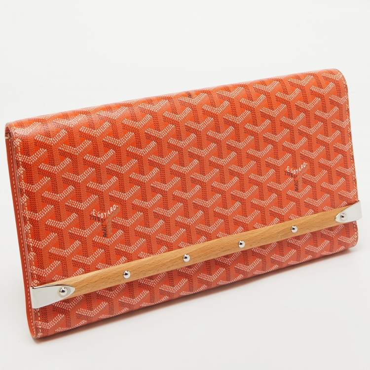 Pre Owned Goyard Orange Goyardine Coated Canvas Monte Carlo Bois Clutch