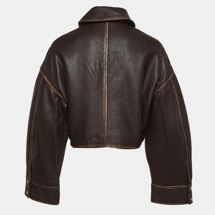 Pre Owned Grlfrnd Brown Leather Cropped Jacket XXS