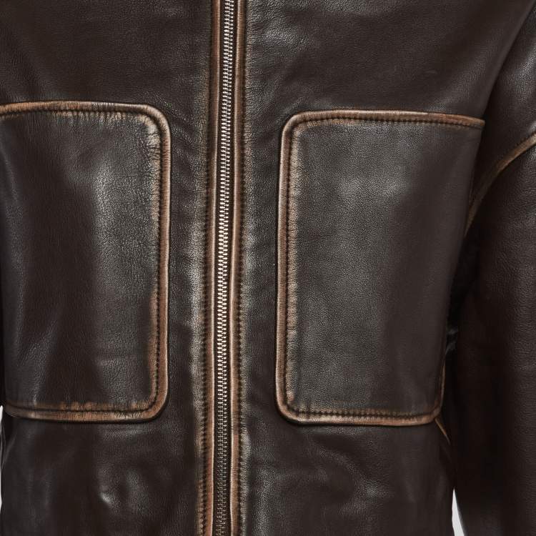 Pre Owned Grlfrnd Brown Leather Cropped Jacket XXS