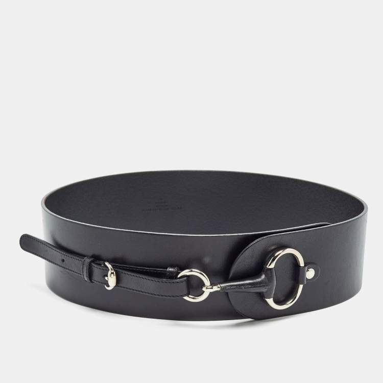 مملوكة مسبقًا Gucci Black Leather Horsebit Waist Wide Belt 85CM