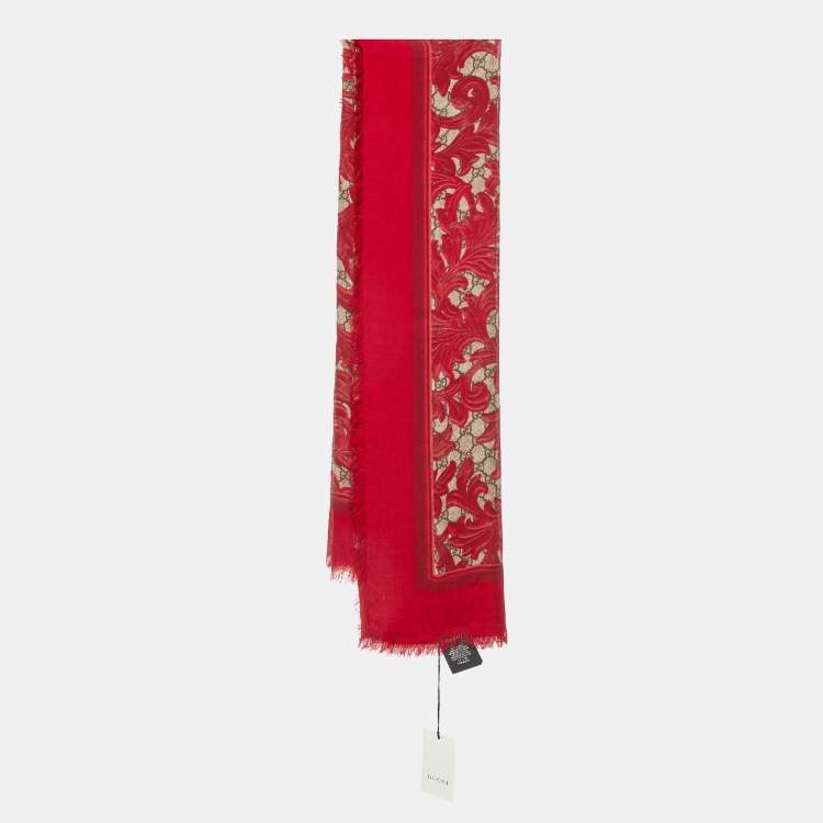 Pre Owned Gucci Red/Beige Arabesque Print Modal & Silk Shawl