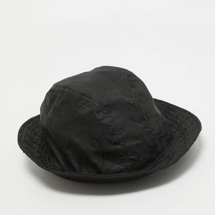 Pre Owned Gucci Black GG Web Nylon Bucket Hat With Pouch 