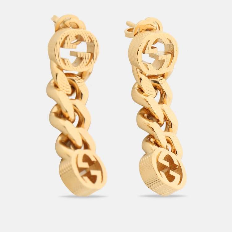 Pre Owned Gucci Gold Tone Interlocking G Chain Drop Earrings