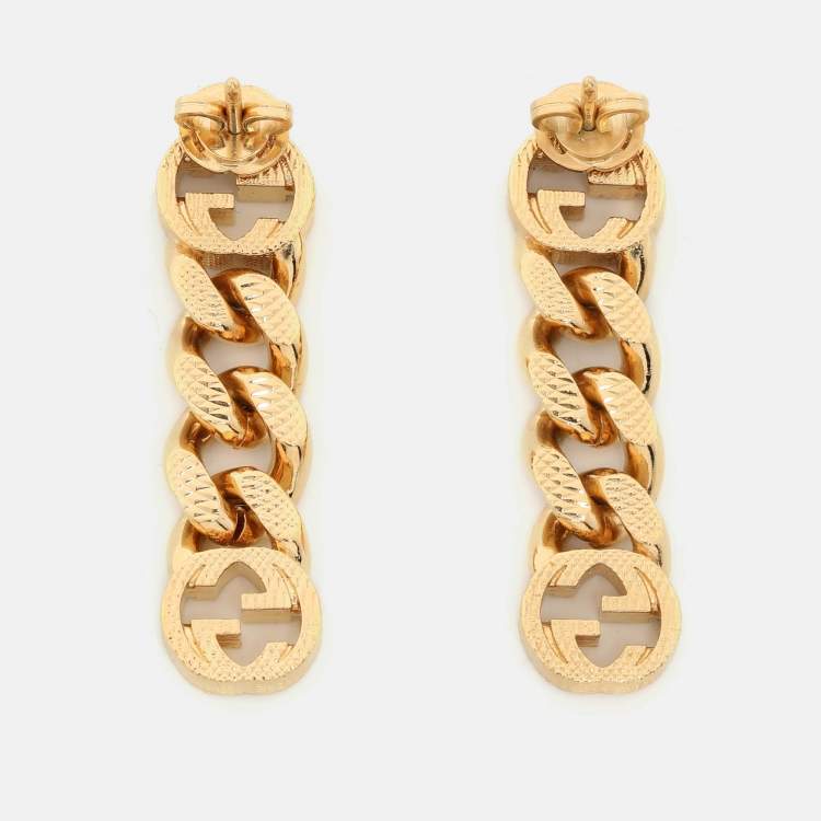 Pre Owned Gucci Gold Tone Interlocking G Chain Drop Earrings