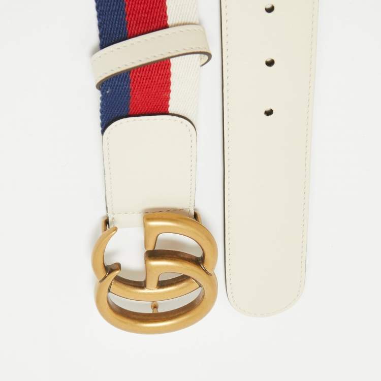 Pre Owned Gucci White Web Canvas and Leather GG Marmont Buckle Belt 90CM