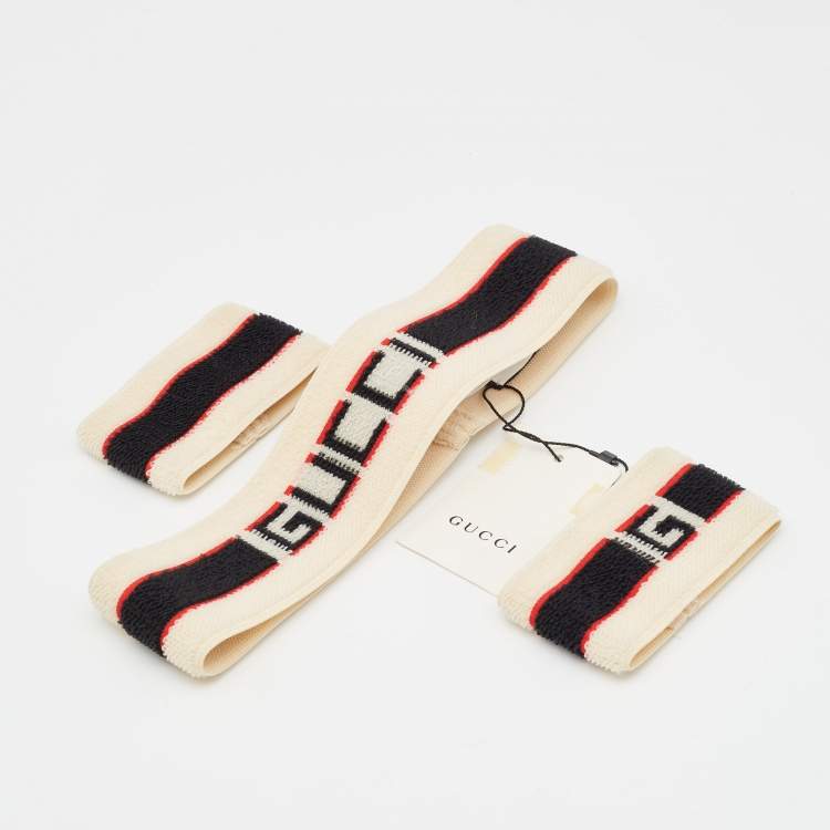 Pre Owned Gucci Beige Terry Cotton Logo Headband and Wristband Set 