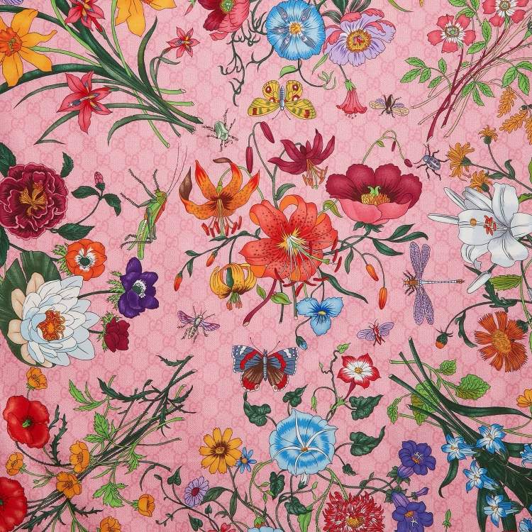 Pre Owned Gucci Pink Floral Print Silk Scarf