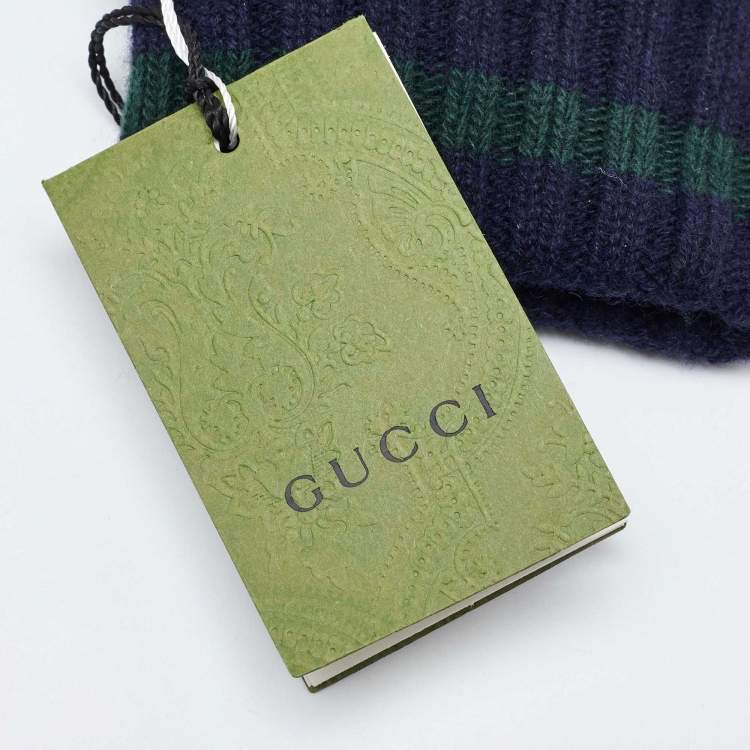 Pre Owned Gucci Navy Blue/Green GG Cashmere Knit Gloves L