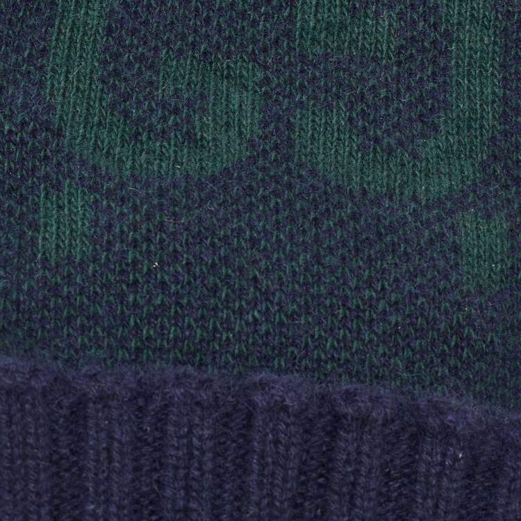Pre Owned Gucci Navy Blue/Green GG Cashmere Knit Gloves L
