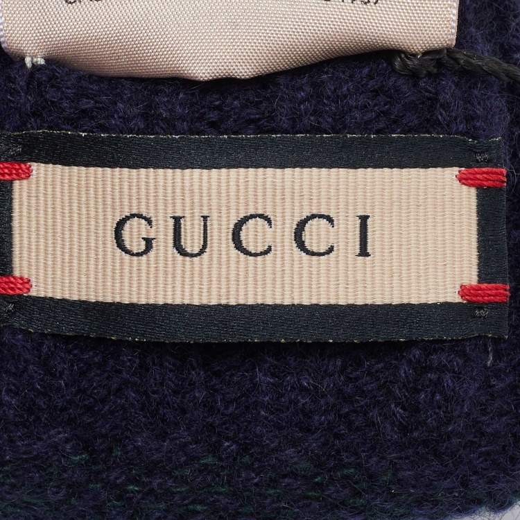 Pre Owned Gucci Navy Blue/Green GG Cashmere Knit Gloves L