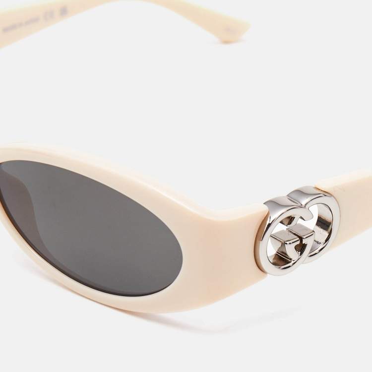 Pre Owned Gucci Cream/Black GG1660S Interlocking G Oval Sunglasses