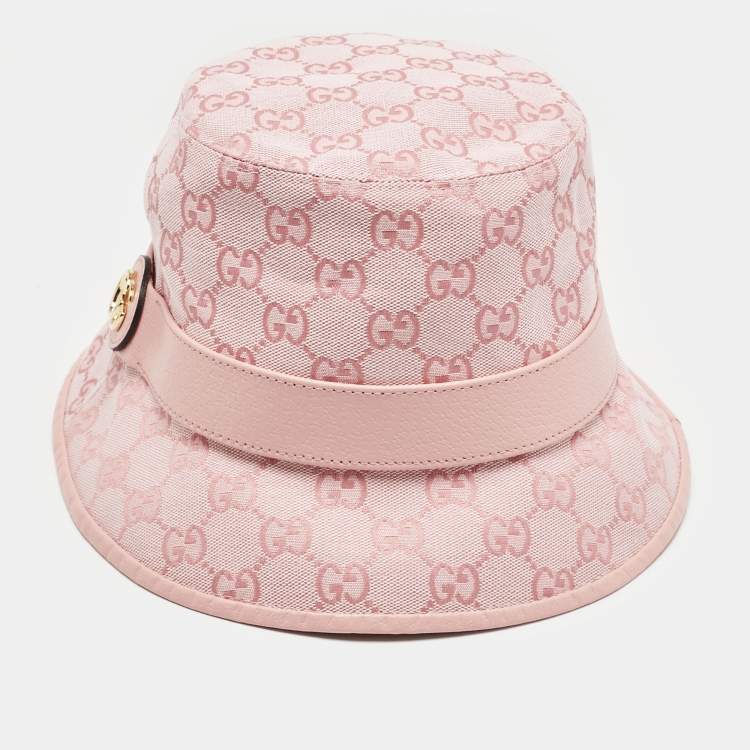 Pre Owned Gucci Pink Logo Monogram Canvas & Leather Detail Bucket Hat S
