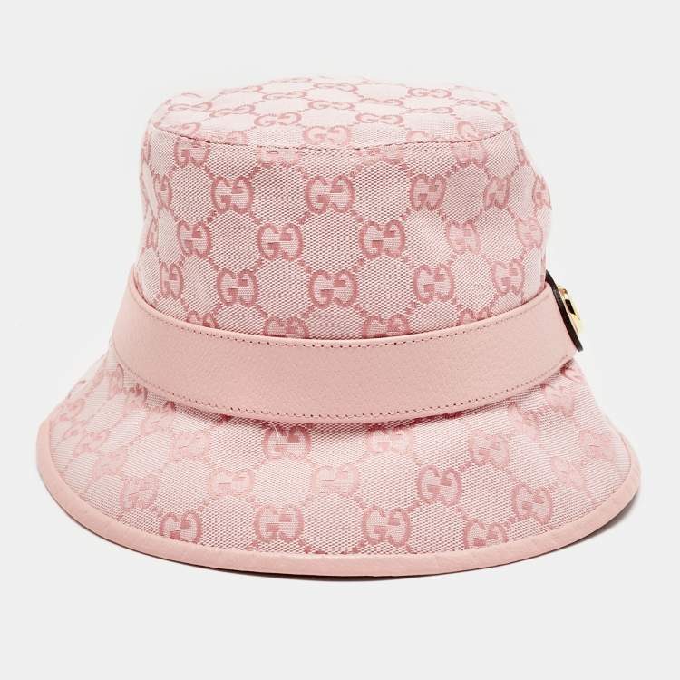 Pre Owned Gucci Pink Logo Monogram Canvas & Leather Detail Bucket Hat S
