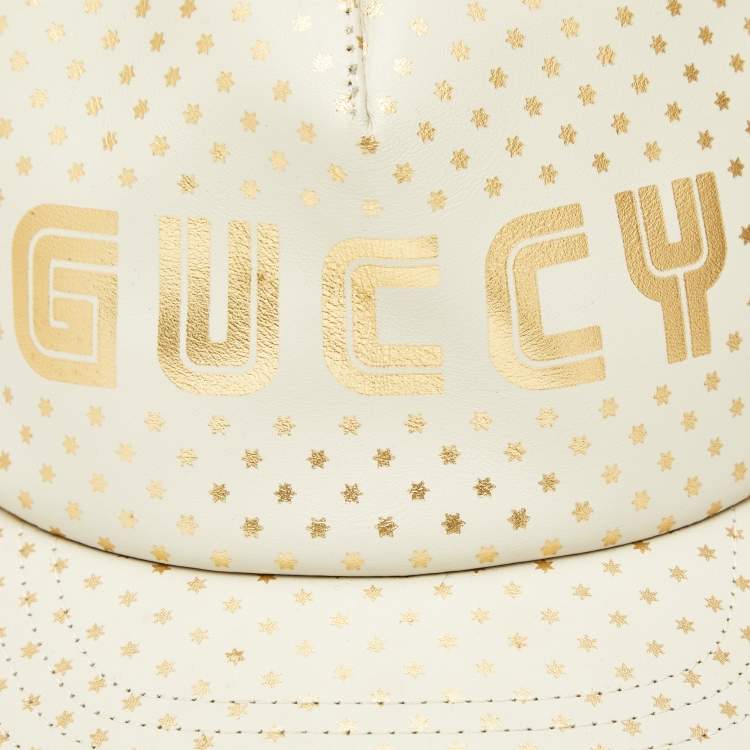 Pre Owned Gucci White Stars/Guccy Print Leather & Mesh Baseball Cap L