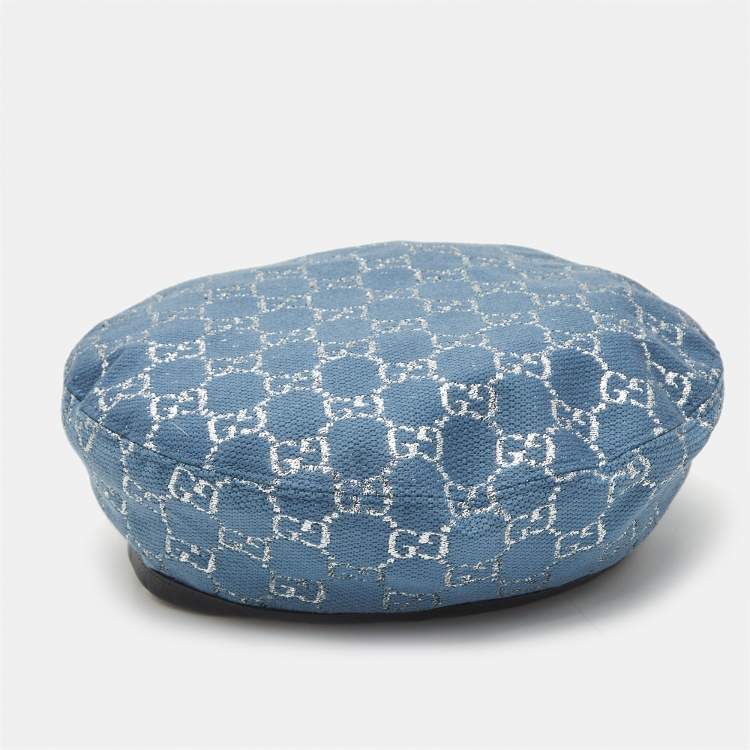 Pre Owned Gucci Blue GG Lamé Leather Trim Beret Cap M