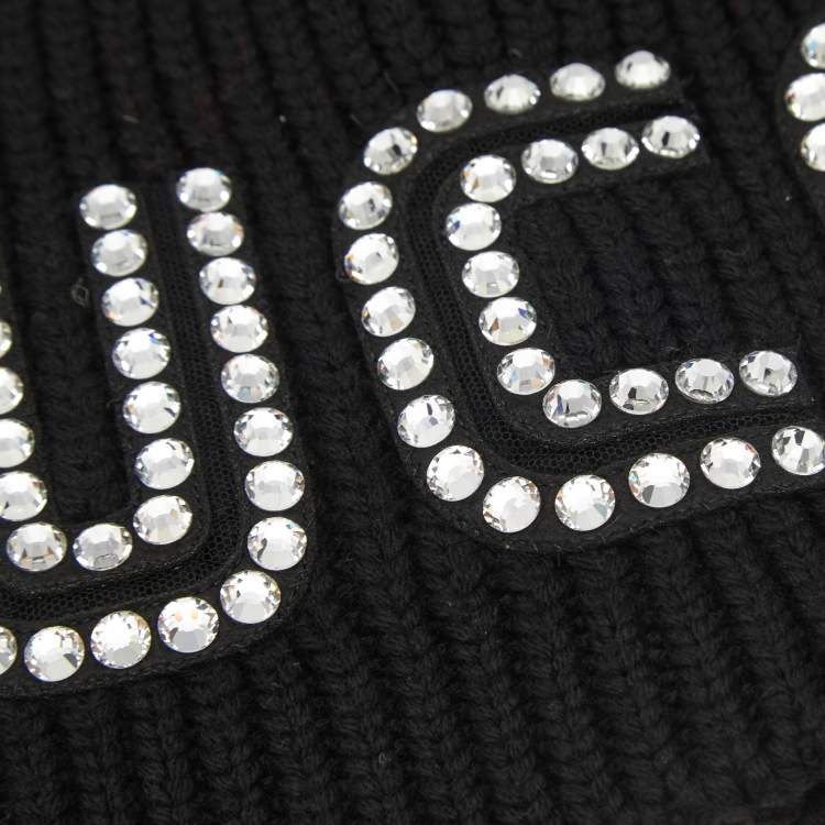 Pre Owned Gucci Black Crystal Guccy Detail Rib Knit Beanie M