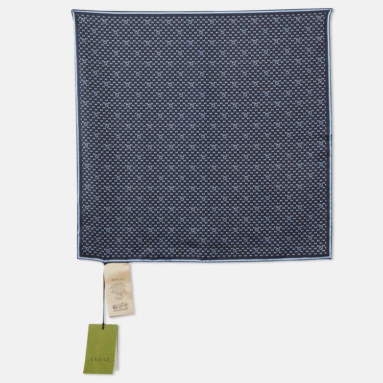 Pre Owned Gucci Navy Blue Printed Silk Scarf/Pocket Square