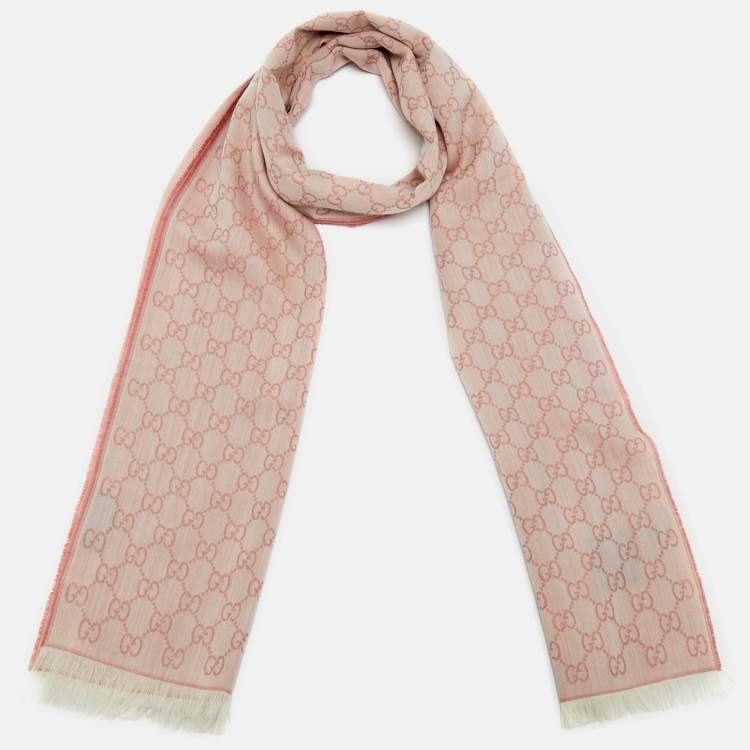 Pre Owned Gucci Pink GG Jacquard Wool & Silk Scarf 