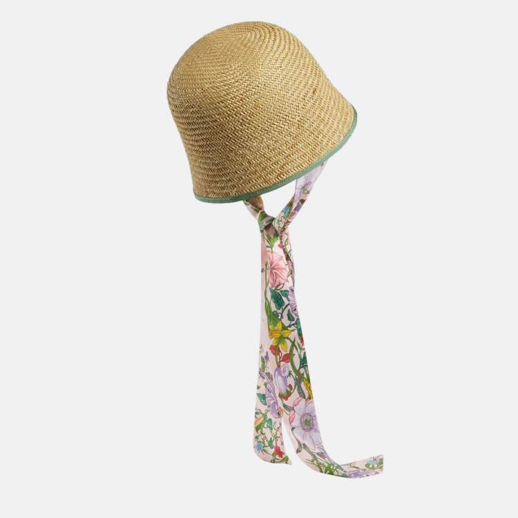 Pre Owned Gucci Brown Straw Ribbon Cloche Hat M