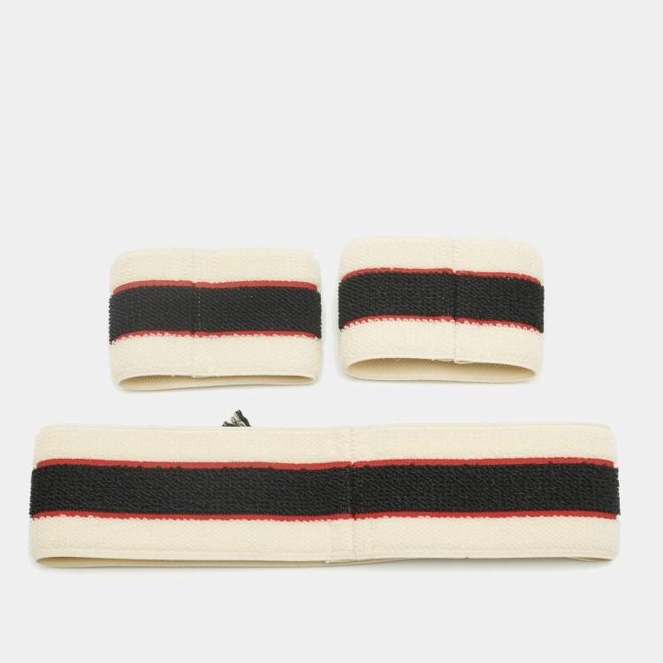 Pre Owned Gucci Beige Logo Stripe Sports Headband & Wristbands Set S