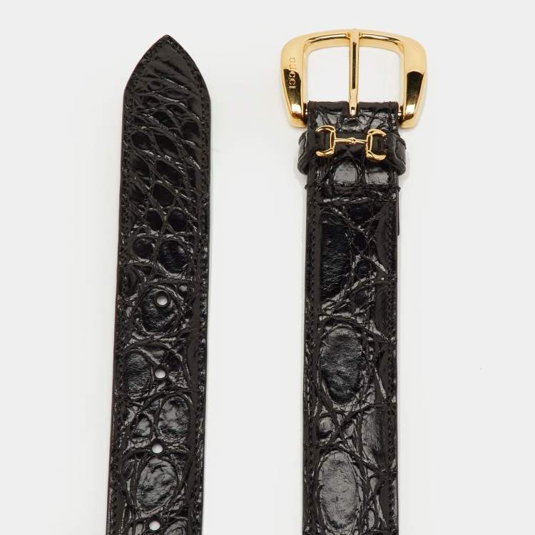 Pre Owned Gucci Black Croc Embossed Leather Buckle Belt 85CM