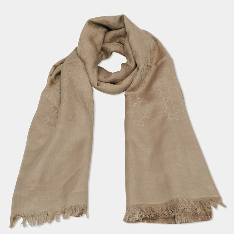 Pre Owned Gucci Beige GG Jacquard Wool Blend Square Scarf 