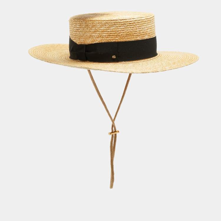 Pre Owned Gucci Beige Grosgrain Detail Straw Hat S