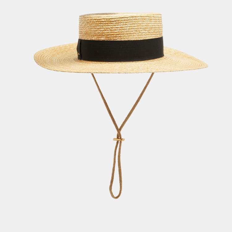 Pre Owned Gucci Beige Grosgrain Detail Straw Hat S