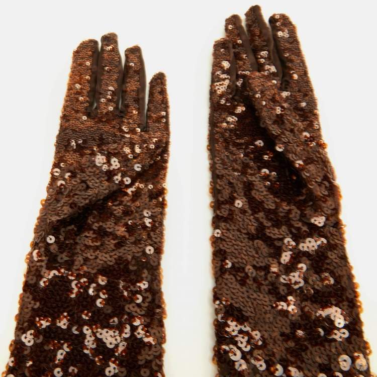 Pre Owned Gucci Brown Eveline Sequined Gloves S/7