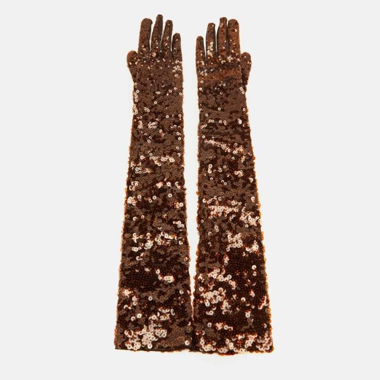 Pre Owned Gucci Brown Eveline Sequined Gloves S/7