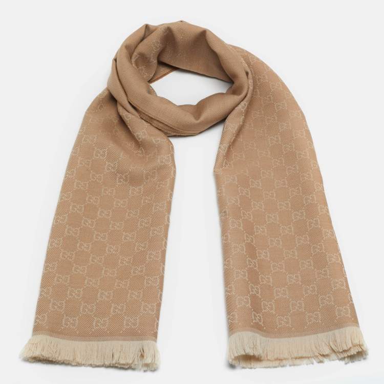 Pre Owned Gucci Beige GG Jacquard Wool Scarf