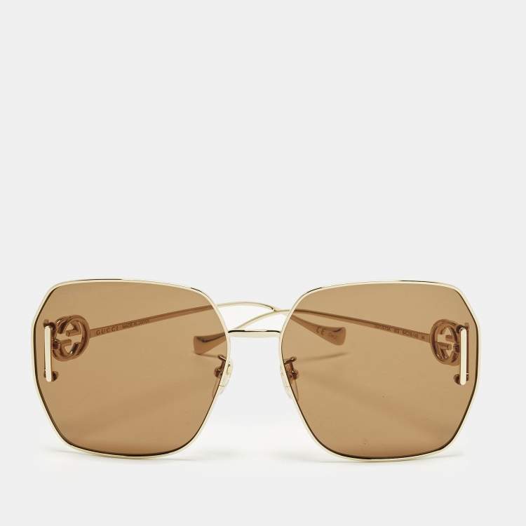 Pre Owned Gucci Brown/Gold Tone GG1207SA Interlocking G Oversized Sunglasses