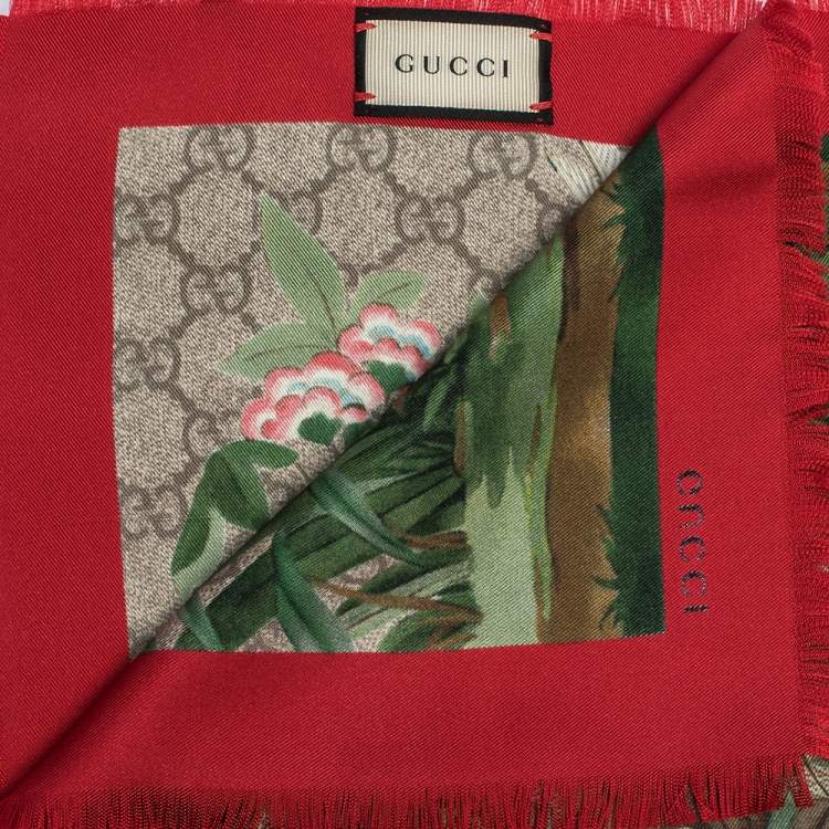 Pre Owned Gucci Red & Beige Tian Silk Square Scarf