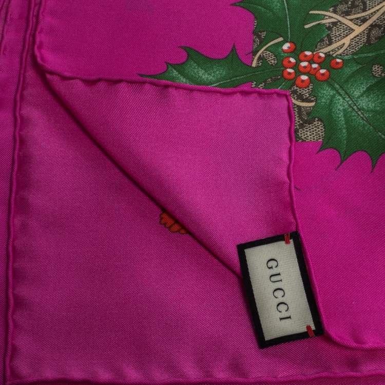Pre Owned Gucci Pink GG & Big Flora Fluo Print Silk Scarf