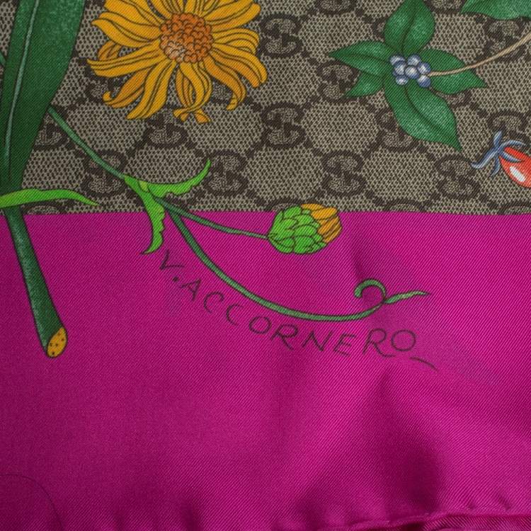 Pre Owned Gucci Pink GG & Big Flora Fluo Print Silk Scarf