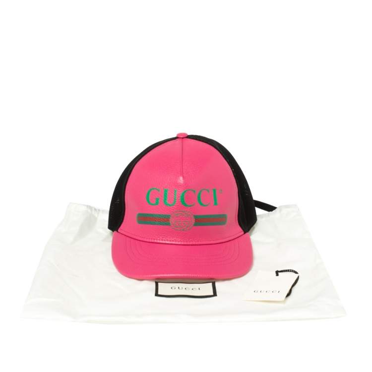 Pre Owned Gucci Pink/Black Leather and Nylon Logo Baseball Cap S