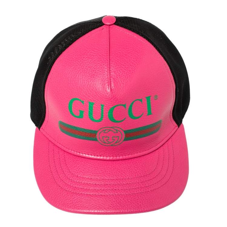Pre Owned Gucci Pink/Black Leather and Nylon Logo Baseball Cap S