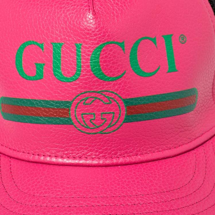 Pre Owned Gucci Pink/Black Leather and Nylon Logo Baseball Cap S