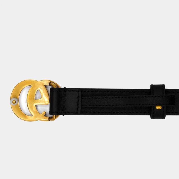 Pre Owned Gucci Black Leather Double G Buckle Belt 85cm