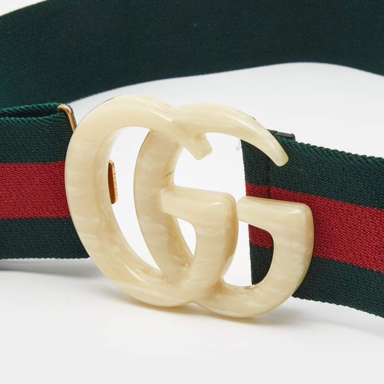 Pre Owned Gucci Green/Red Elastic Web Double G Buckle Belt 85CM