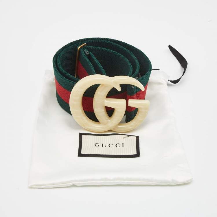 Pre Owned Gucci Green/Red Elastic Web Double G Buckle Belt 85CM