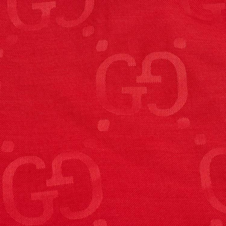 Pre Owned Gucci Red Logo Jacquard Silk & Wool Scarf