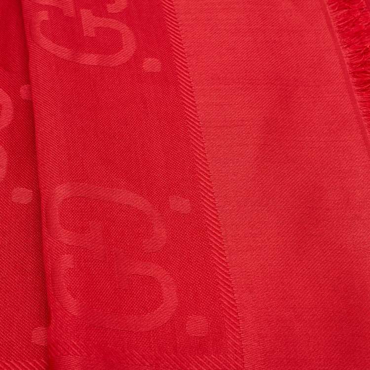 Pre Owned Gucci Red Logo Jacquard Silk & Wool Scarf